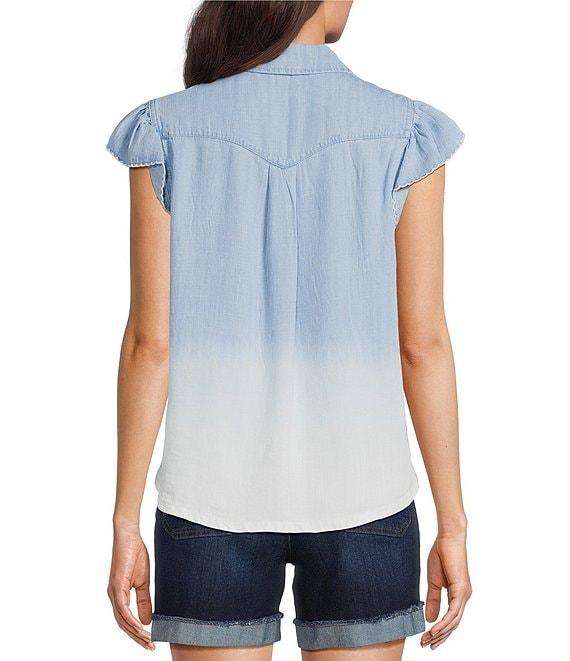 Democracy Petite Size Ombre Collared V-Neck Flutter Cap Sleeve Button Front Shirt Product Image