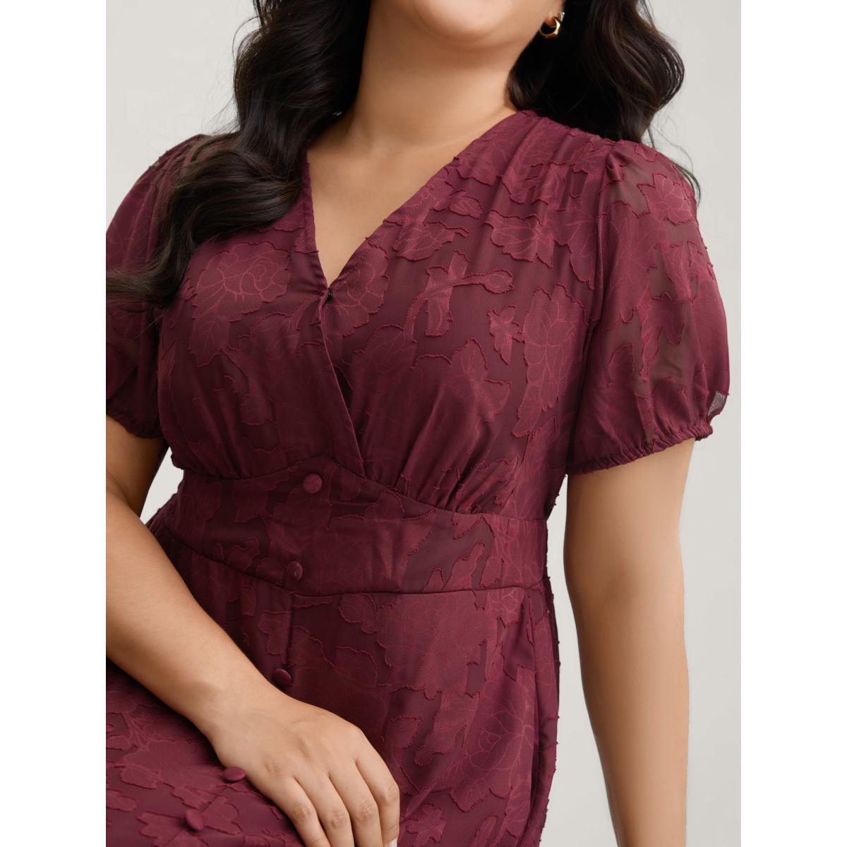 Plus Size Solid Textured Lantern Sleeve Button Detail Dress Burgundy Women Romantic Button V-neck Short sleeve Curvy BloomChic 18-20/2X Product Image