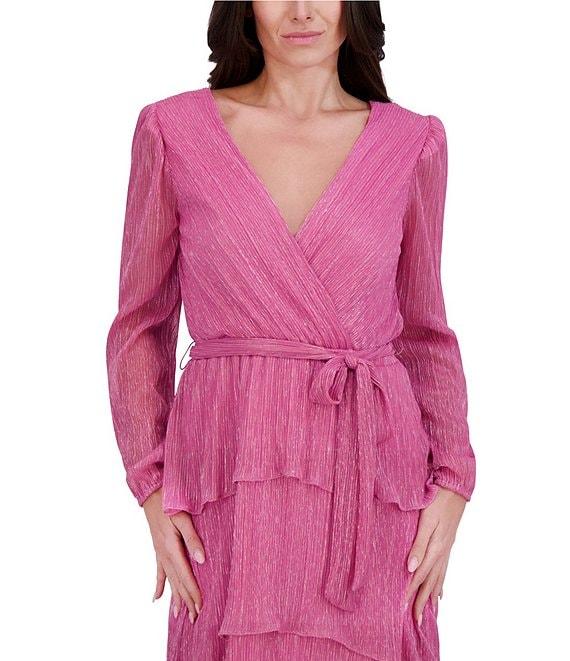 Kensie Shimmer Knit V-Neck Long Sleeve Tie Waist Ruffle Skirt A-Line Maxi Dress Product Image