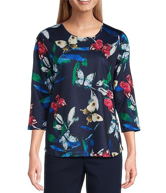Allison Daley Butterfly Print 3/4 Sleeve Crew Neck Knit Top Product Image