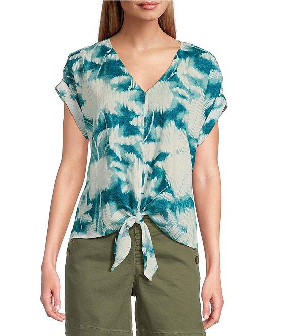 Westbound Enchanted Garden Short Sleeve V-Neck Tie Front Top Product Image