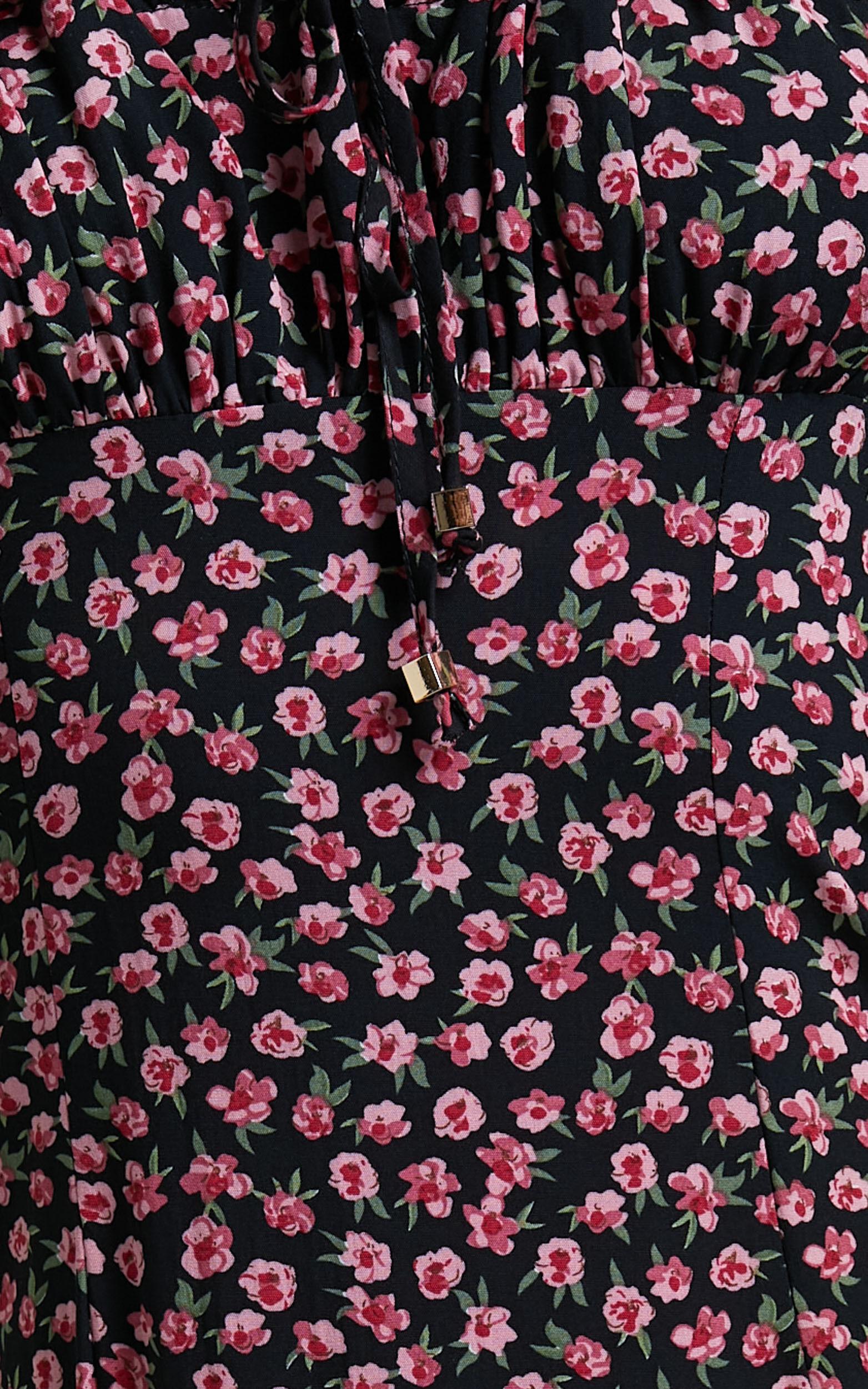 Willa Midi Dress - Ruched Bust Thigh Split Dress in Black Floral Product Image