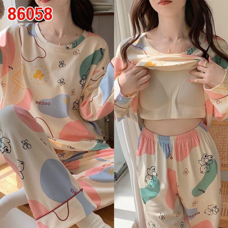 Pajama Set: Long-Sleeve Crew Neck Leopard Print Padded T-Shirt + Pants Product Image