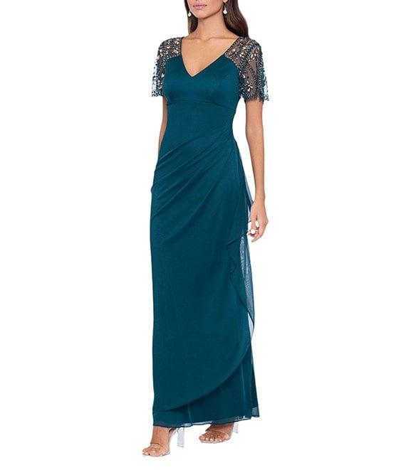 Xscape Short Beaded Sheer Flutter Sleeve Cascading Draped Waist V-Neck Beaded Gown Product Image