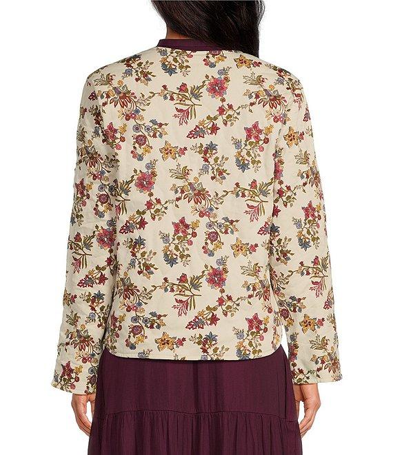 Skies Are Blue Quilted Floral Print Crew Neck Long Sleeve Button Front Jacket Product Image