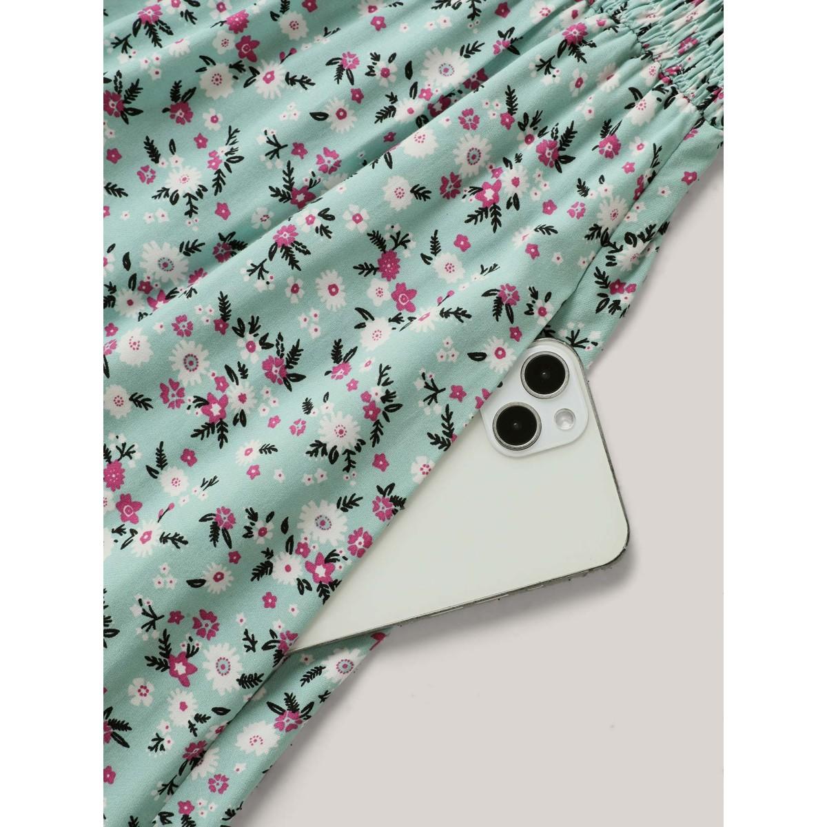 Plus Size Rayon Ditsy Floral Print Shirred Midi Dress Mint Women Square Neck Short sleeve Curvy BloomChic 22-24/3X Product Image