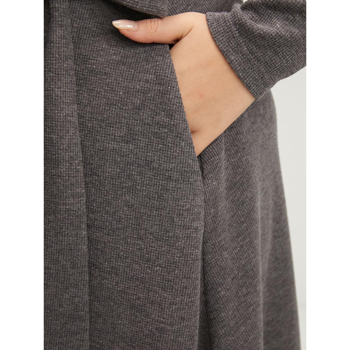 Plus Size Solid Pocket Button Up Belted Rib Knit Dress DarkGray Women Elegant Button V-neck Long Sleeve Curvy Midi Dress BloomChic 14-16/1X Product Image
