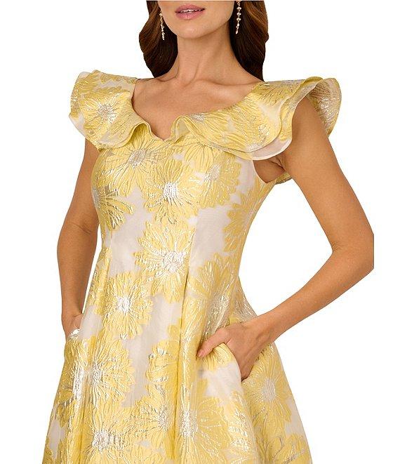 Adrianna Papell Jacquard Floral Print Boat Neck Cap Flutter Sleeve A-Line Midi Dress Product Image
