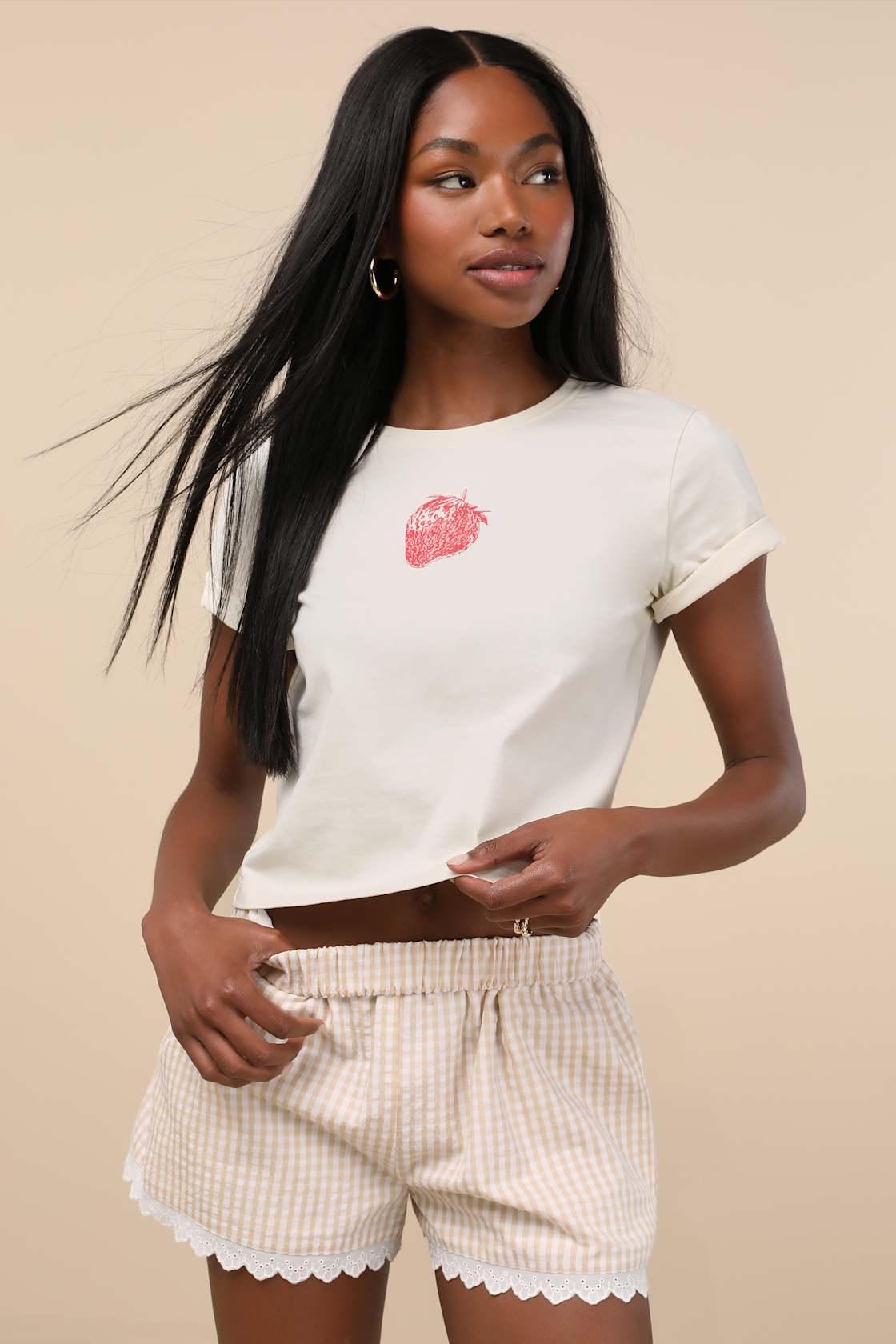 Marija Beige Gingham Scalloped Shorts Product Image