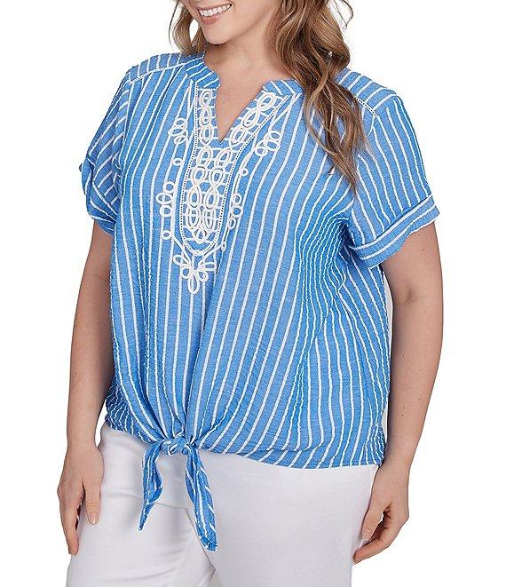 Ruby Rd. Plus Size Embroidered Stripe Split V-Neck Short Sleeve Tie-Front Top Product Image
