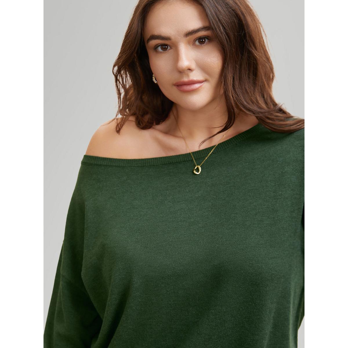 Plus Size Supersoft Essentials Boat Neck Drop Shoulder Pullover ArmyGreen Women Elegant Long Sleeve Boat Neck Everyday Pullovers BloomChic 28/5X Product Image