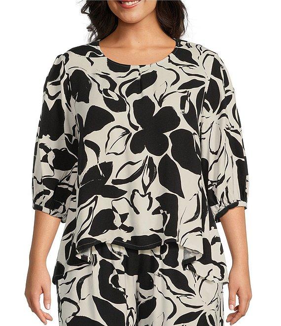 Bryn Walker Plus Size Woven Lucinda Floral Petal Print Round Neck 3/4 Sleeve Hi-Low Hem Shirt Product Image