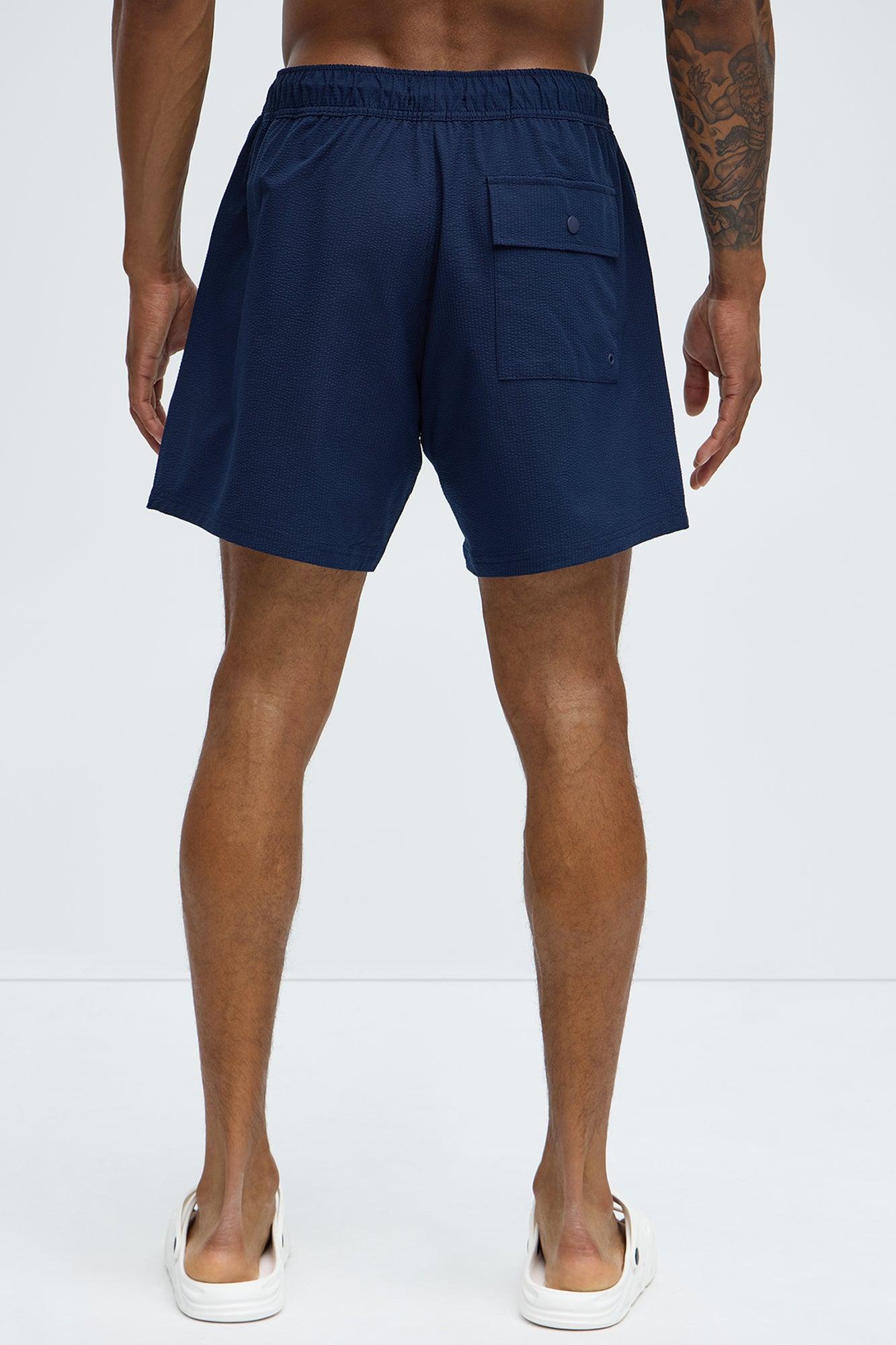 Seersucker Swim Mid Trunk - Navy Product Image