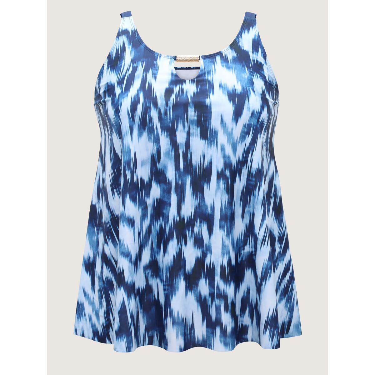 Plus Size Tie-Dye Like Neck Cut-Out Swim Top Women's Swimwear Indigo Resort High stretch Bodycon U-neck Curve Swim Tops BloomChic 12/L Product Image