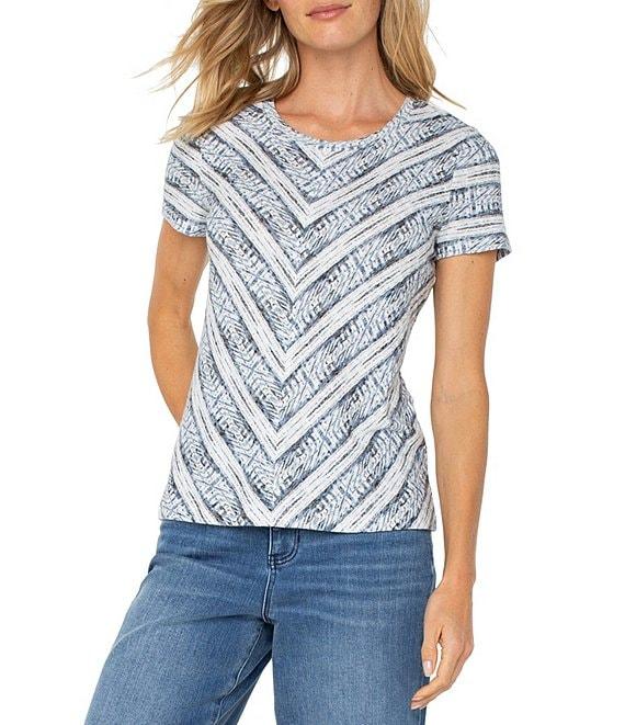 Liverpool Los Angeles Petite Size Knit Miter Indigo Ikats Stripe Scoop Neck Short Sleeve Top Product Image
