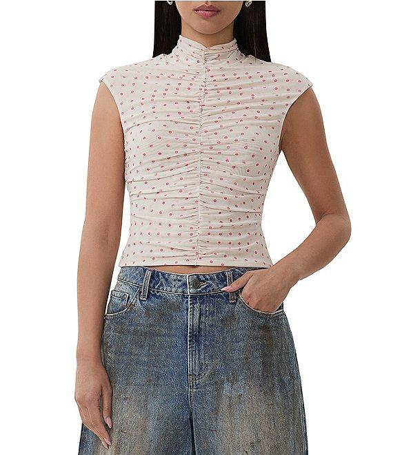 AFRM Jolie Dot Print Mesh Knit Ruched Mock Neck Short Sleeve Top Product Image