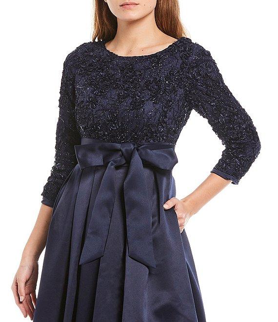 Jessica Howard Soutache Floral Lace Round Neck Sequin Bodice Satin 3/4 Sleeve Tie Belt Ball Gown Product Image