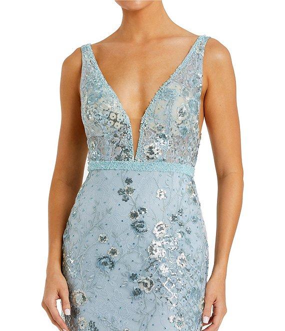 Mac Duggal Floral V-Neck Sleeveless Low Scoop Back Detail Sheath Gown Product Image