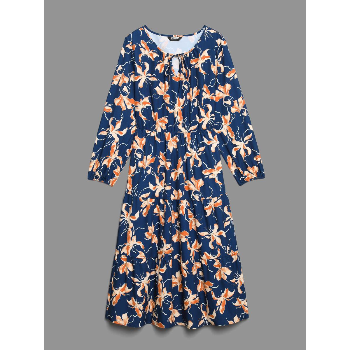 Plus Size Tropical Flower Print Pockets Waist-Tie Midi Dress Navy Women Elegant Tie knot Round Neck Long Sleeve Curvy BloomChic 28/5X Product Image