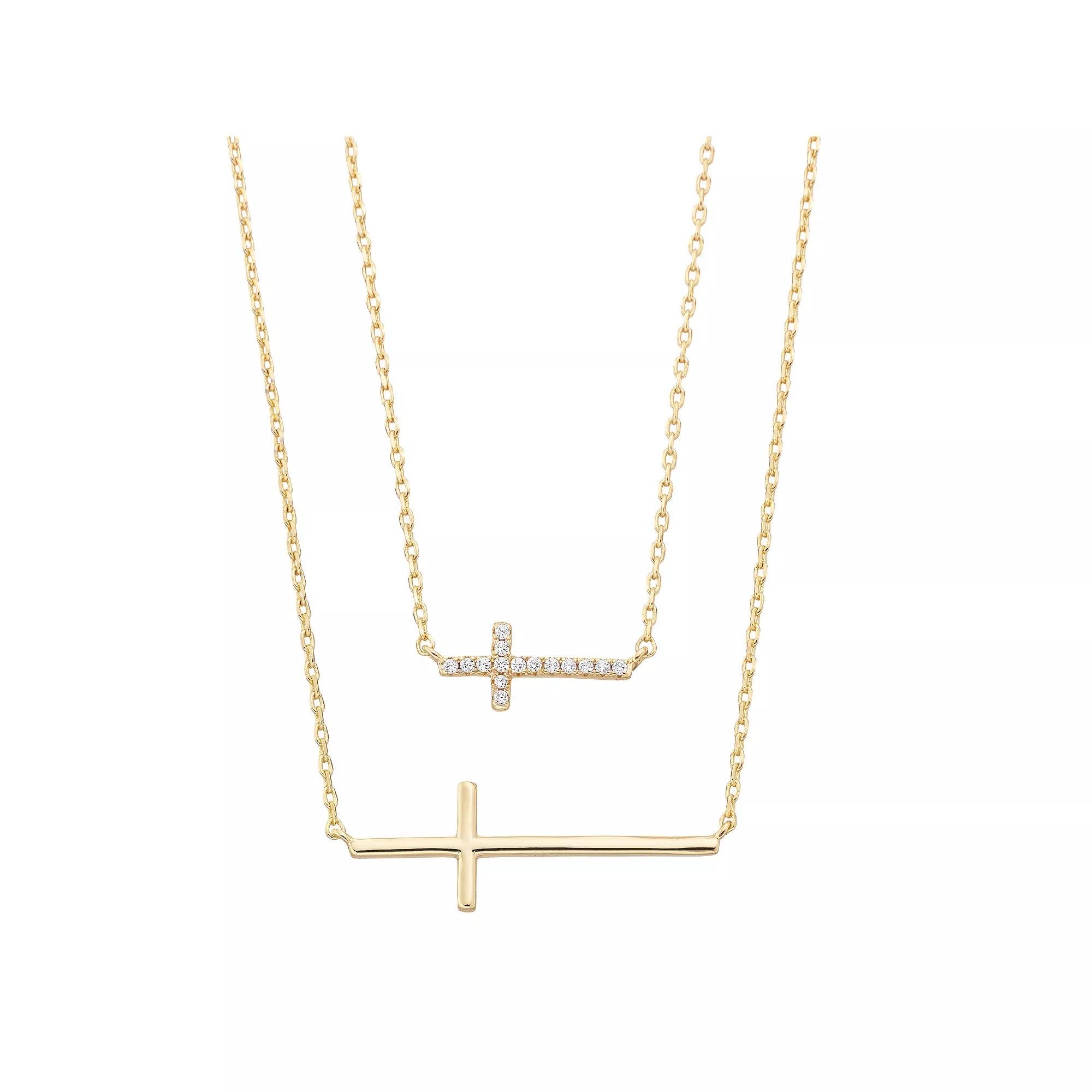 City Luxe Cubic Zirconia Horizontal Cross Necklace Set, Women's, Gold Tone Clear Product Image