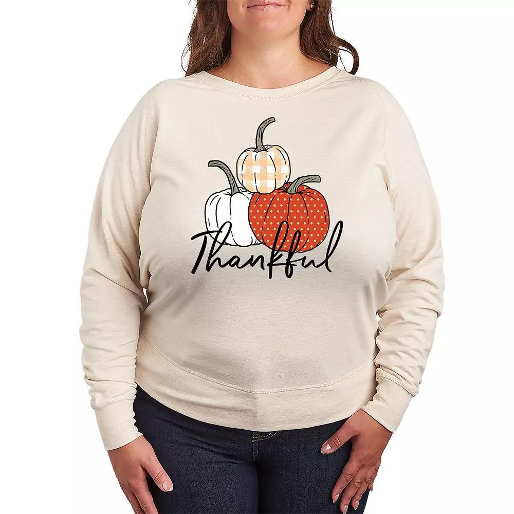 Plus Size Thankful Pumpkins French Terry Long Sleeve Tee, Womens Grey Green Product Image