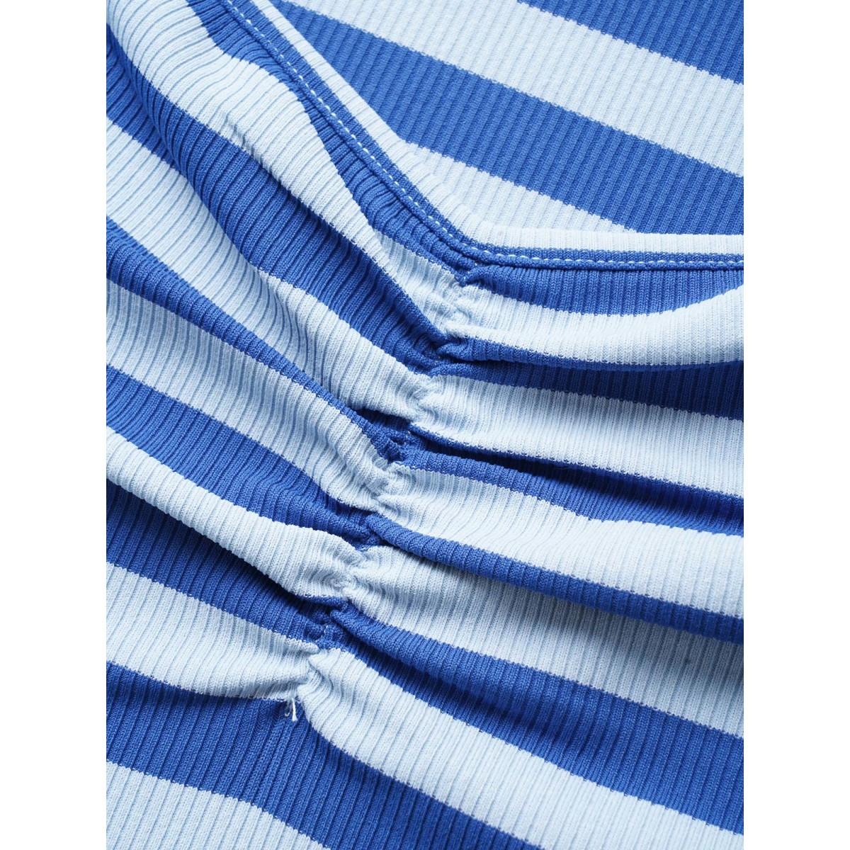 Plus Size Heart Neckline Striped Pit Strip Ruched T-shirt Brightblue Women Casual Gathered Heart neckline Everyday T-shirts BloomChic 28/5X Product Image