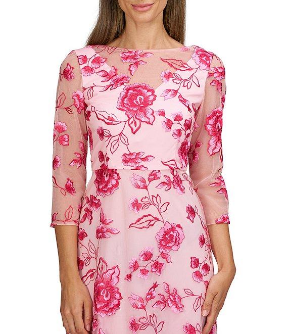 JS Collections Nadine Illusion V-Neck 3/4 Sleeves Floral Embroidered Mesh A-Line Tea Length Dress Product Image