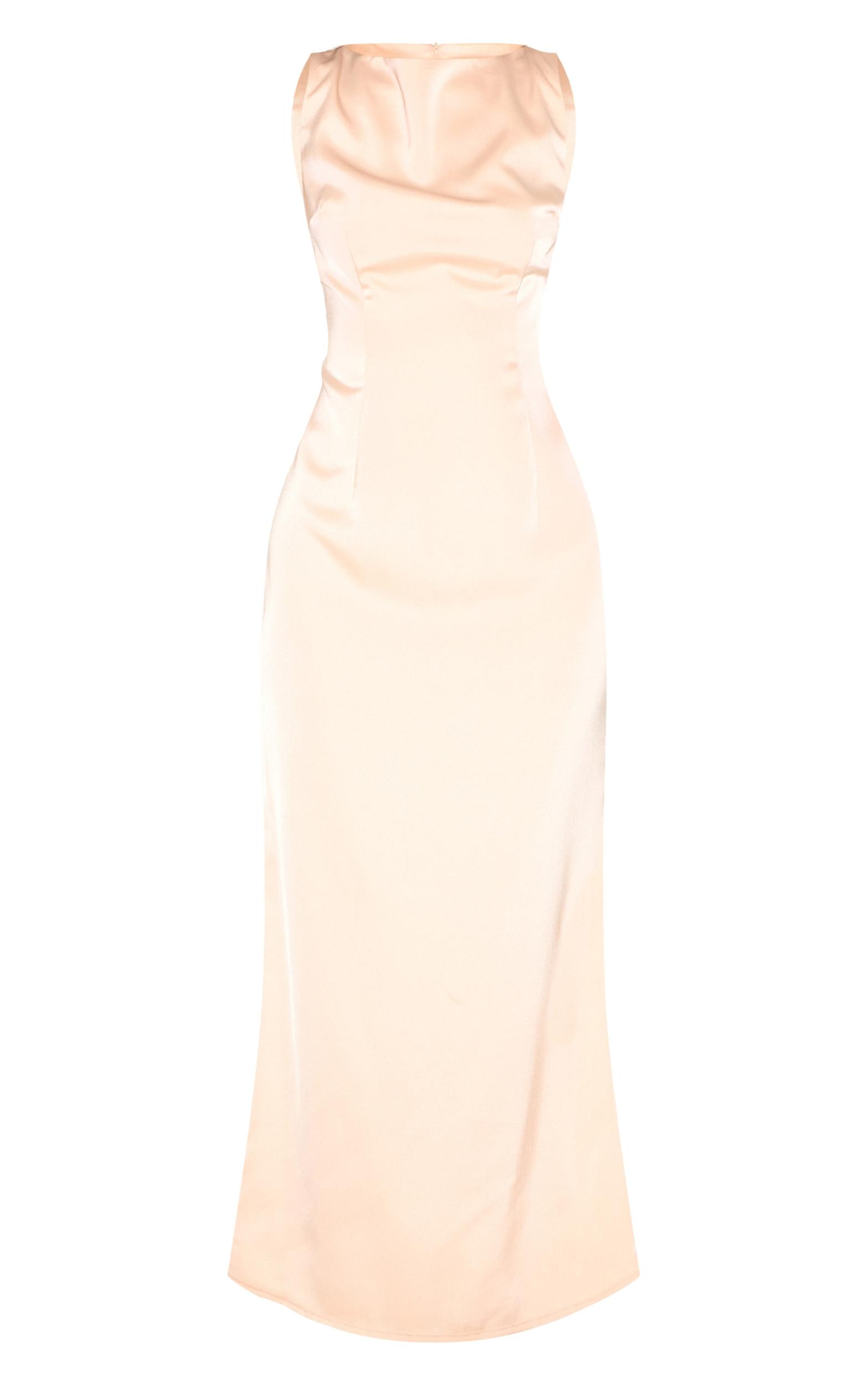 Champagne Bridesmaid Satin Boat Neck Maxi Dress Product Image