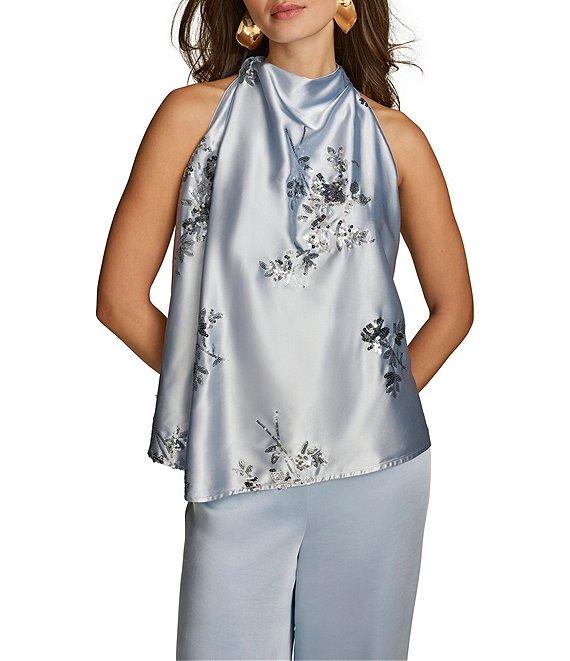 Donna Karan Floral Sequin Mock Neck Sleeveless Top Product Image