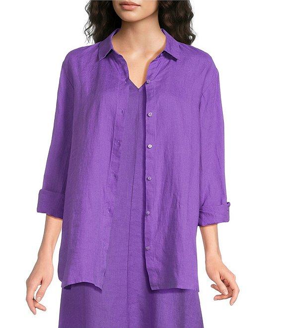 Eileen Fisher Organic Linen Handkerchief Classic Collar Button Front Long Sleeve Shirt Product Image