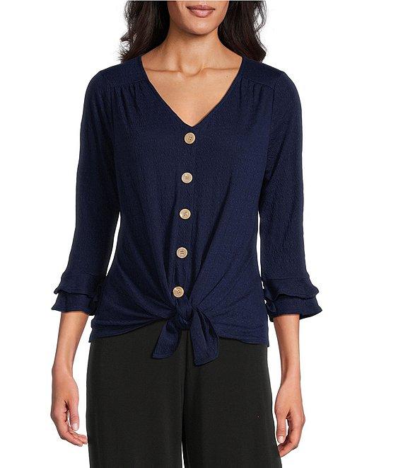 I.N. Studio Knit V-Neck Elbow Flounce Sleeve Tie-Front Top Product Image