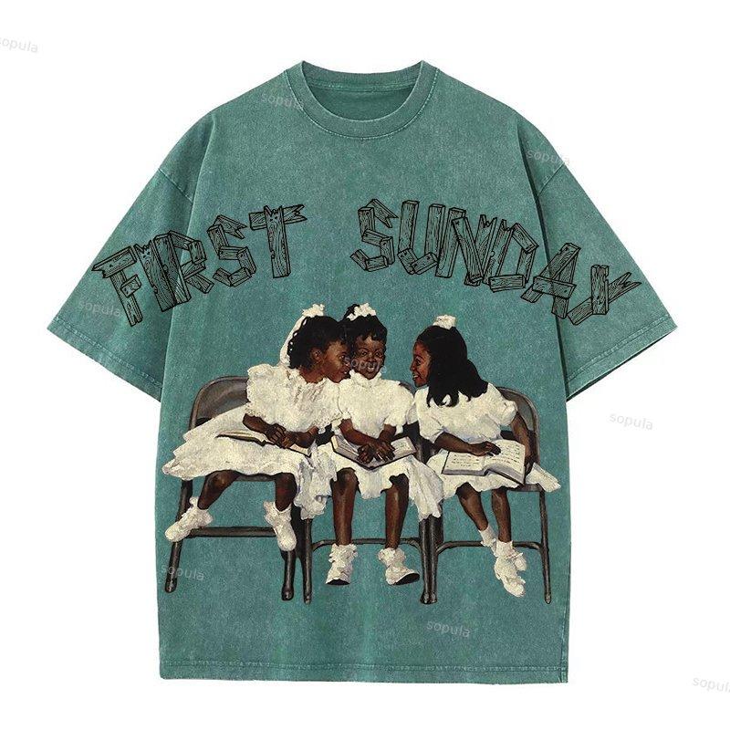 First Sunday Retro Graphic Print Acid Washed T-Shirt Product Image