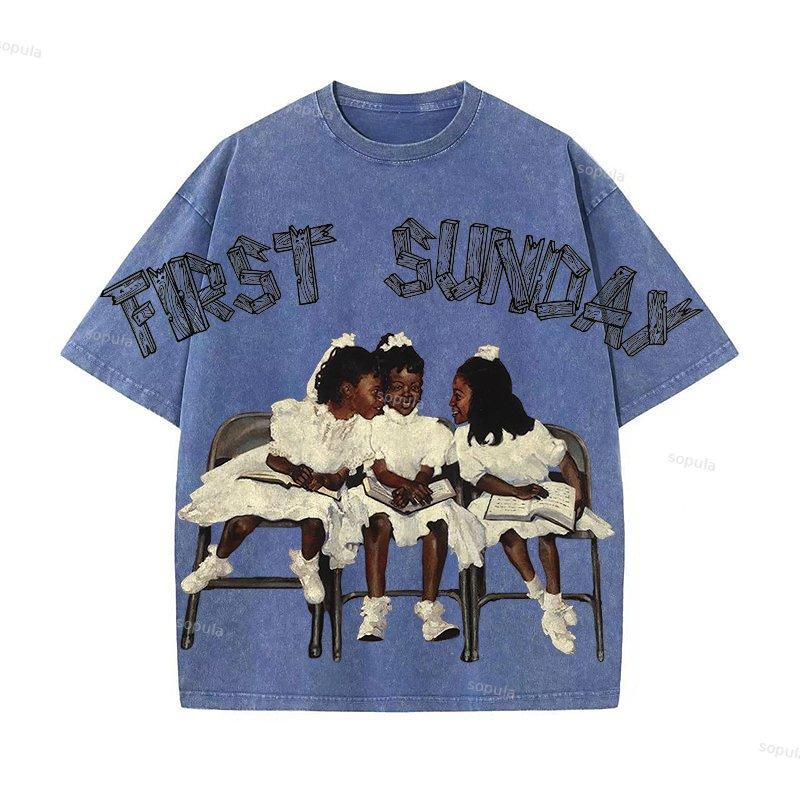 First Sunday Retro Graphic Print Acid Washed T-Shirt Product Image