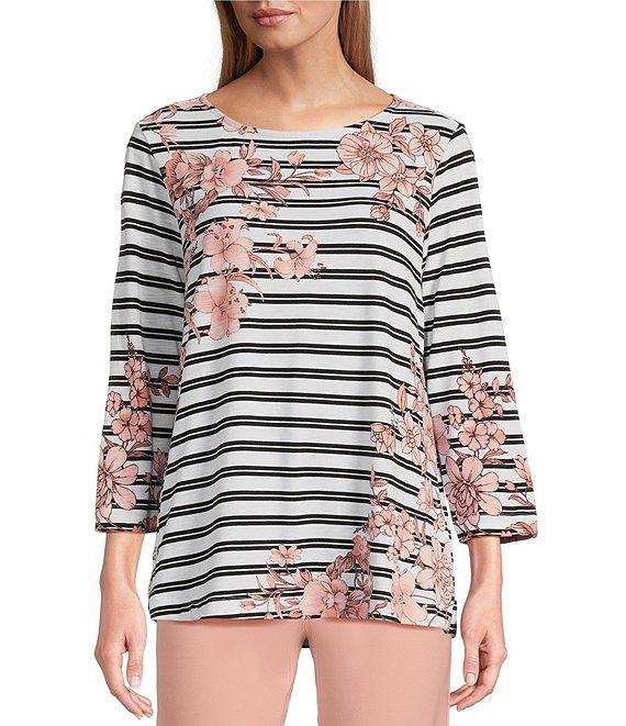 Multiples Stretch Placement Floral Stripe Boat Neck 3/4 Sleeve Fitted Top Product Image