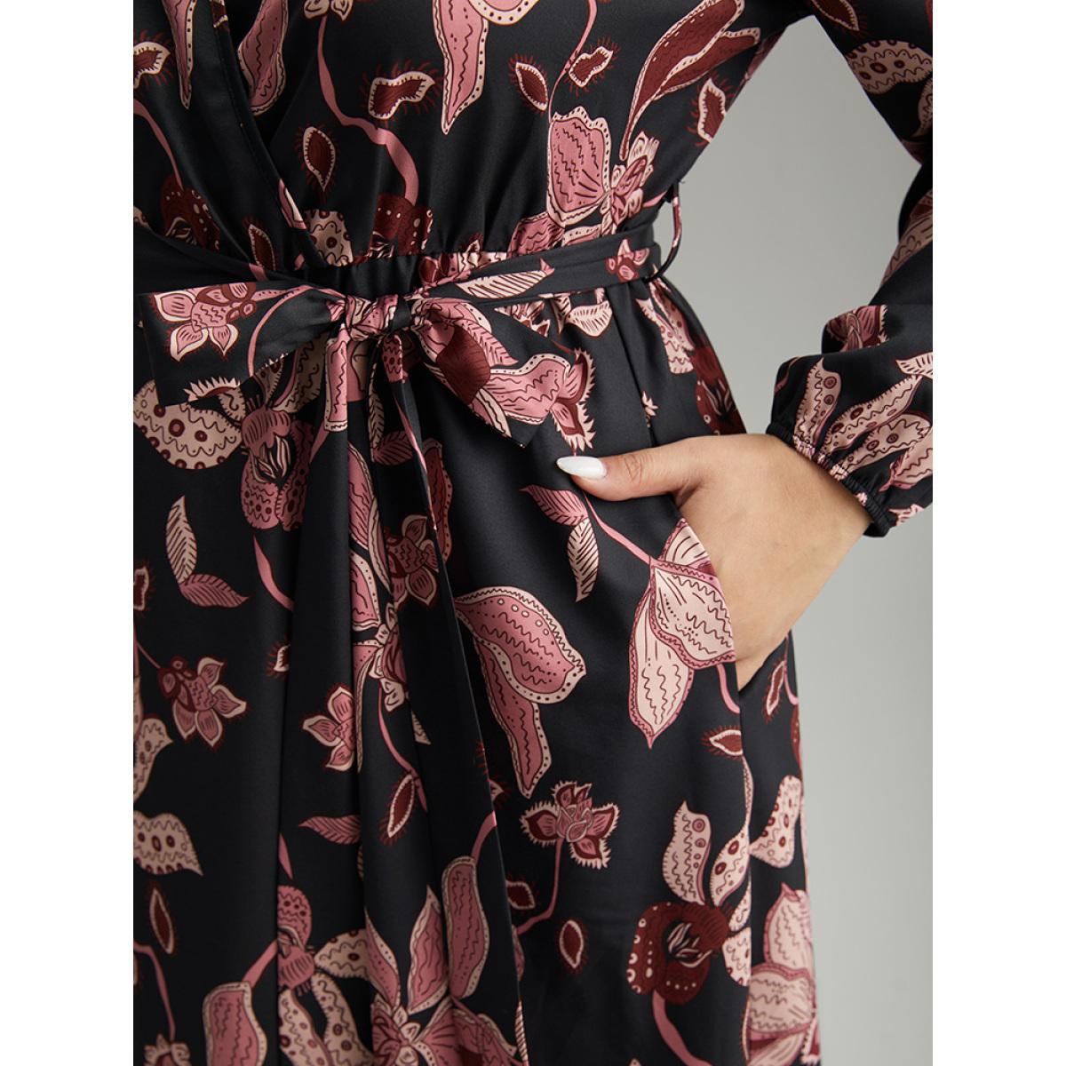 Plus Size Floral Lantern Sleeve Belted Overlap Collar Dress Black Women Elegant Elastic cuffs Overlap Collar Long Sleeve Curvy Midi Dress BloomChic 22-24/3X Product Image