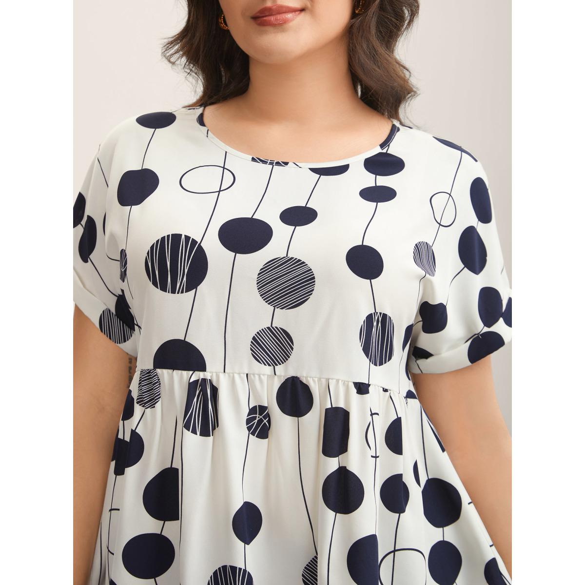 Plus Size Indigo Polka Dots Print Dolman Sleeve Babydoll Top Women Short sleeve Round Neck Work Blouses BloomChic 12/L Product Image