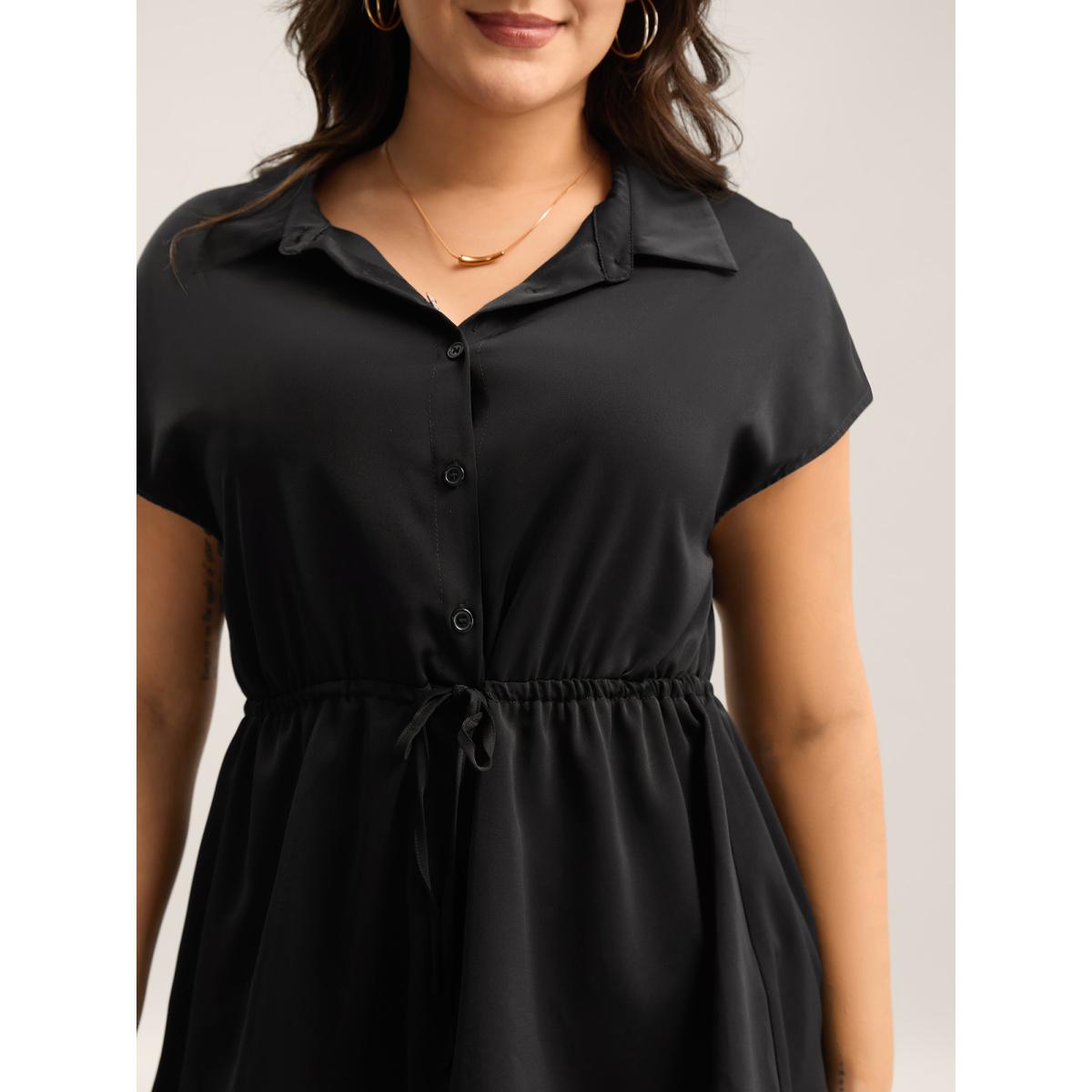 Plus Size Black Solid Drawstring Waist Blouse Women Cap Sleeve Shirt collar Work Blouses BloomChic 30/6X Product Image
