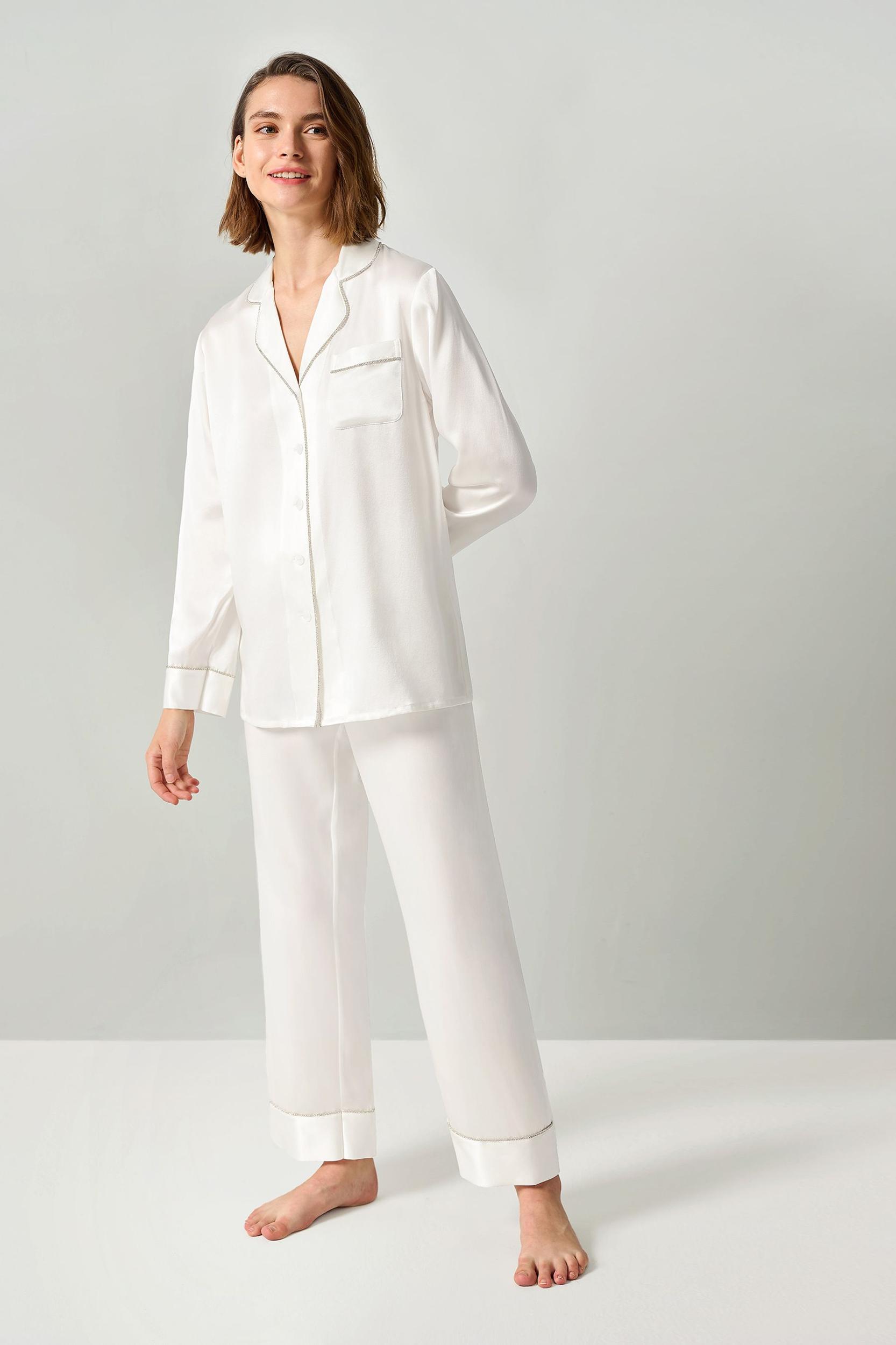 Rhinestone Trimmed Silk Women Pajamas Set Product Image