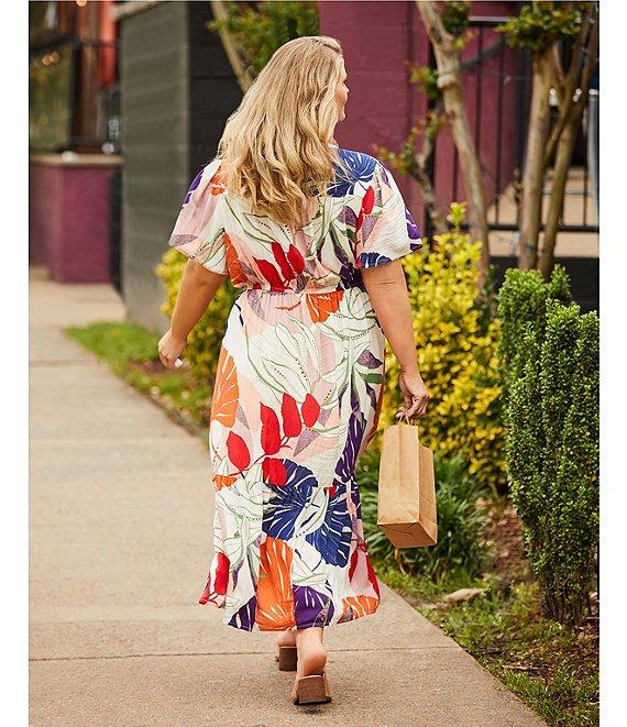 Nurture Plus Size Tropical Palm Print Short Flutter Sleeve V-Neck Maxi Dress Product Image