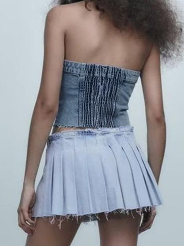 Vintage Denim Flap Detail Breasted Bandeau Top Product Image