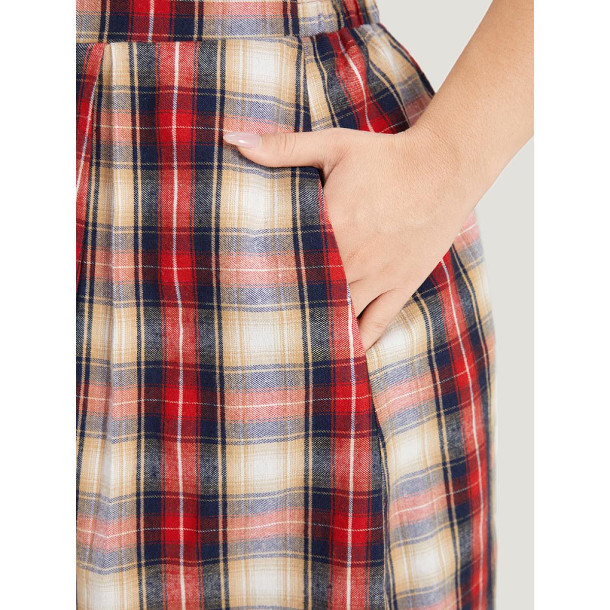 Plus Size Plaid Wideband Waist Pleated Button Detail Skirt Women Raspberry Office Button Loose No stretch Pocket Office Skirts BloomChic 28/5X Product Image