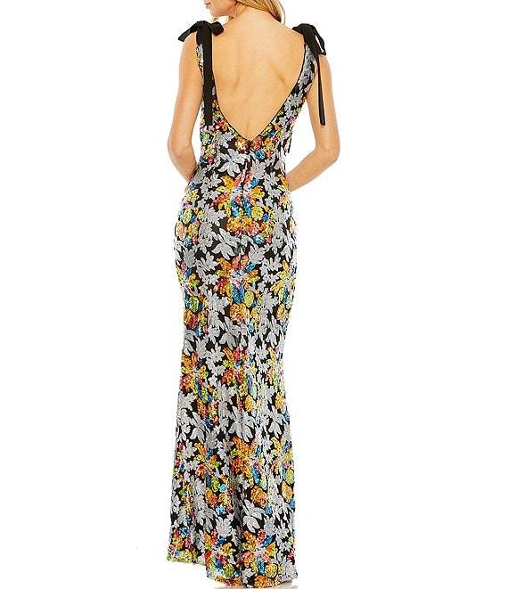 Mac Duggal Floral Sequin Low V Back Bow Tie Strap Detail V-Neck Column Gown Product Image