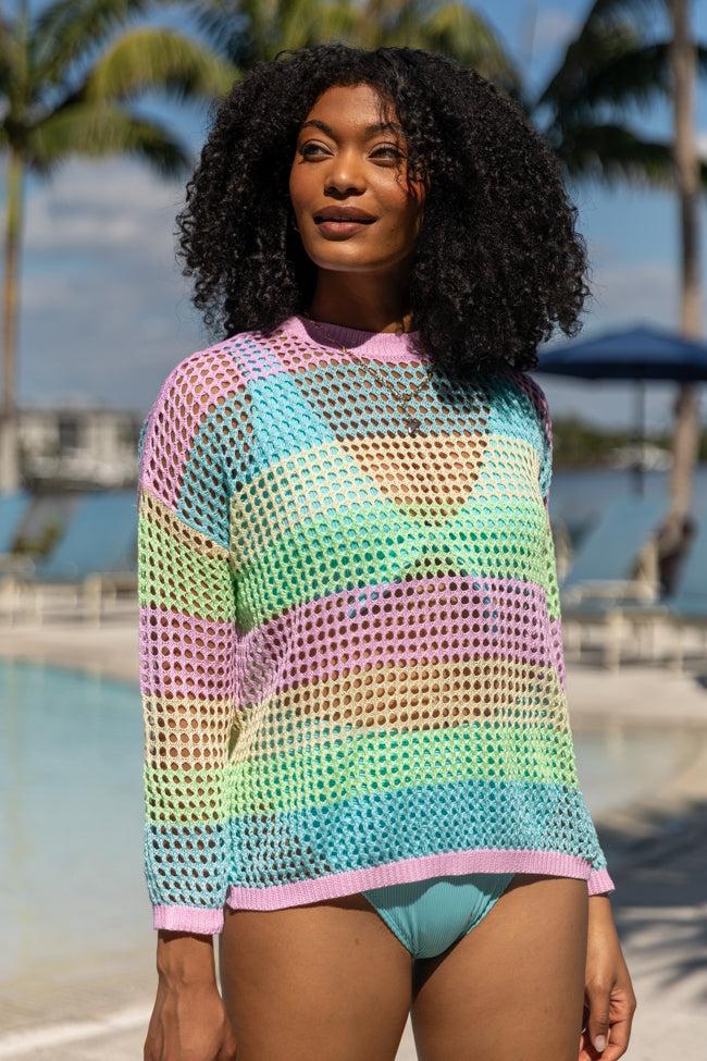 More To Come Open Knit Stripe Crew Neck Sweater FINAL SALE Product Image