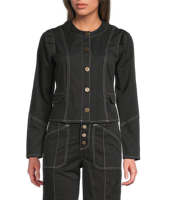 KARL LAGERFELD PARIS Coordinating Round Neck Long Sleeve Contrast Trim Cropped Jacket Product Image