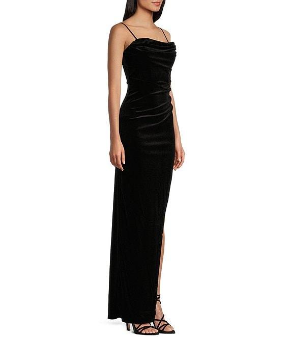 Honey and Rosie Velvet Cowl Neck Corset Side Slit Long Dress Product Image