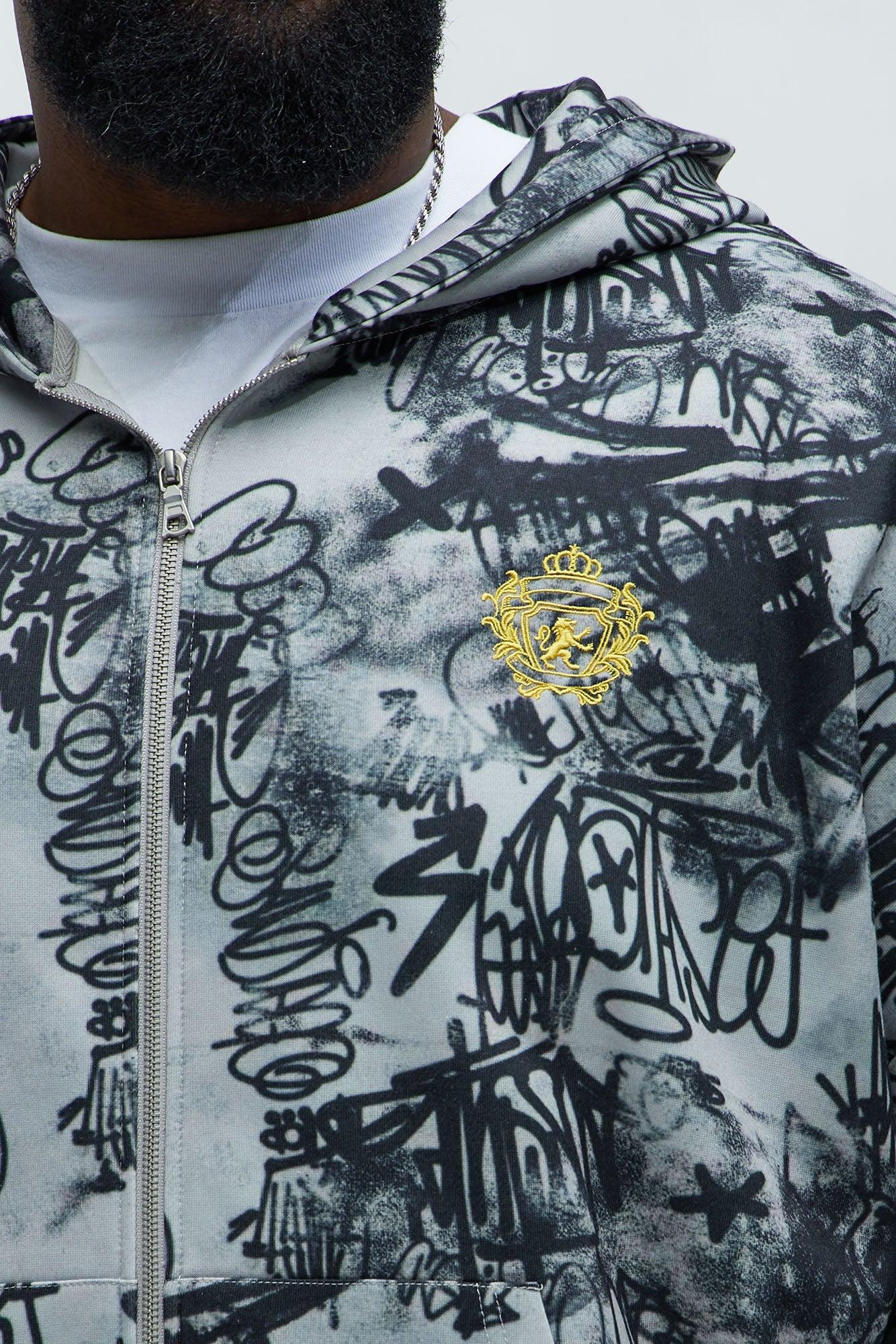 Vandal Oversized Graffiti Zip Up Hoodie - Grey Product Image