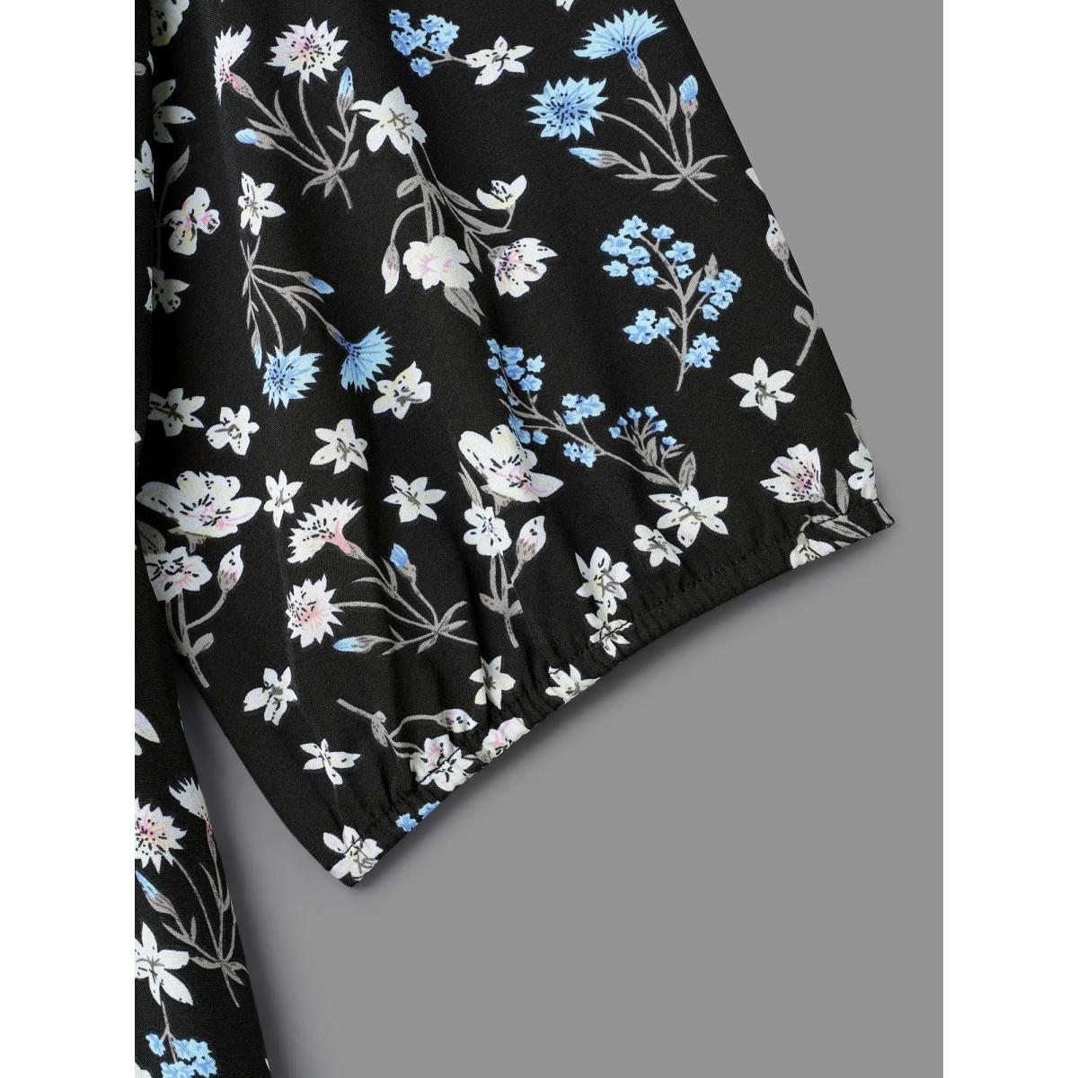 Plus Size Floral Print Stretchy-Waist Pockets Midi Dress BlackFlower Women Elegant Non V-neck Elbow-length sleeve Curvy BloomChic 10/M Product Image