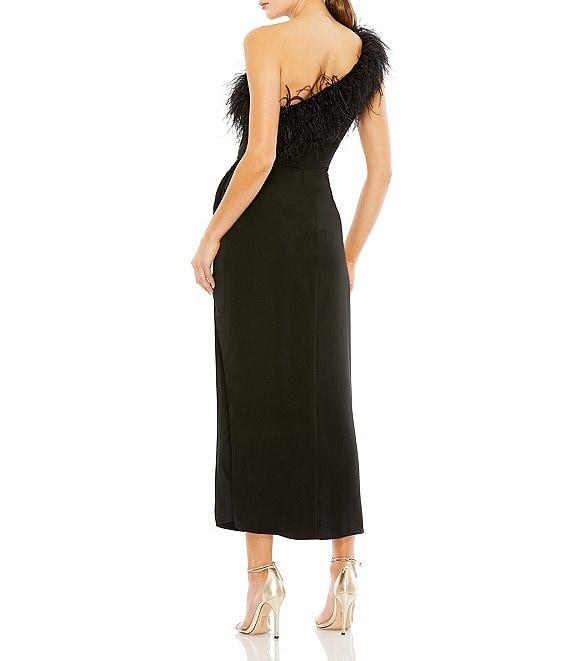 Mac Duggal Crepe Asymmetrical One Shoulder Neck Sleeveless Feather Trim Draped Sheath Midi Dress Product Image