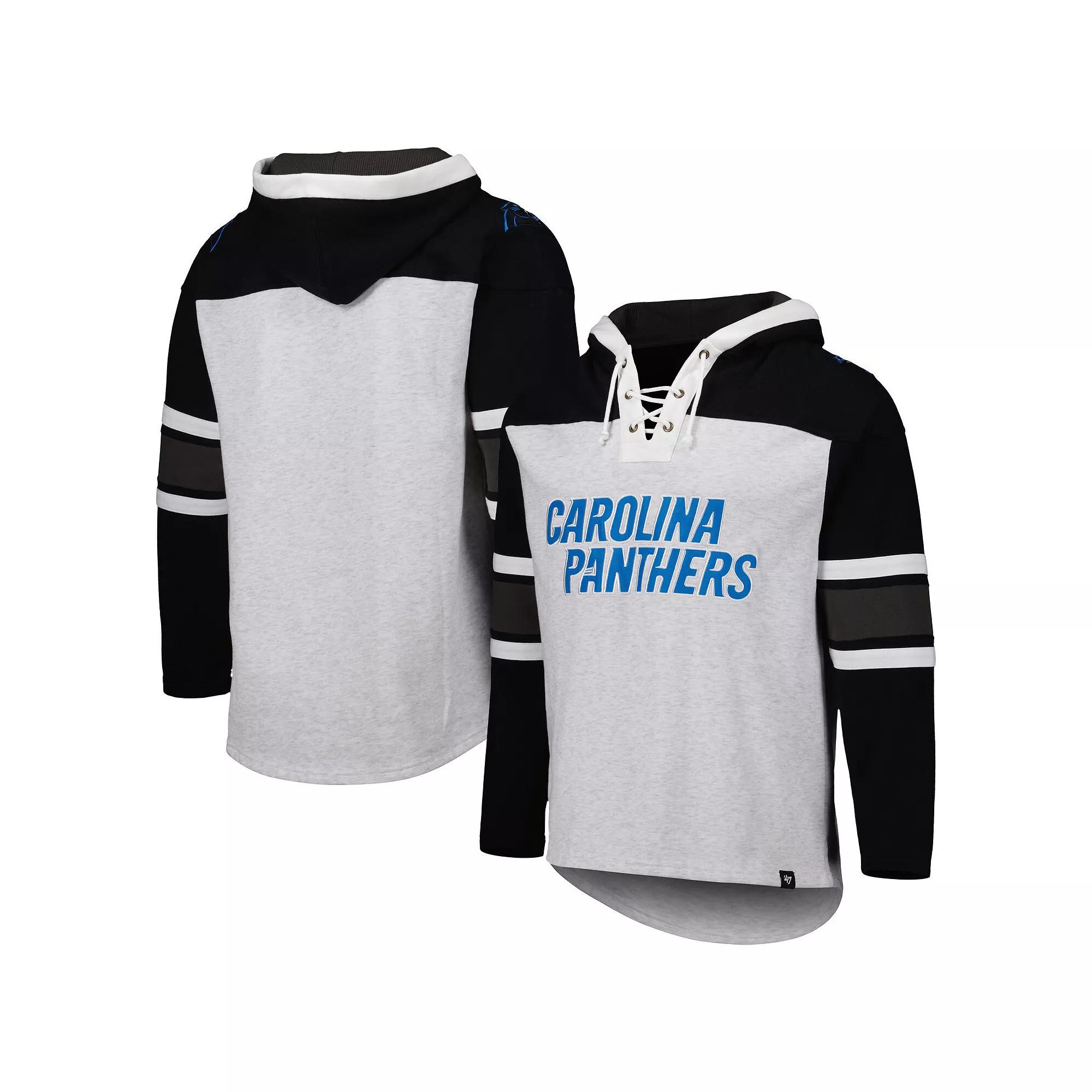 Men's '47 Carolina Panthers Heather Gray Gridiron Lace-Up Pullover Hoodie,  Product Image