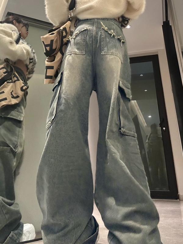 Big Pocket Turned Waist Cargo Jeans Product Image